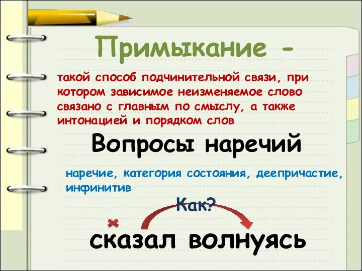 Примыкание - такой способ подчинительной связи, при котором зависимое неизменяемое слово связано