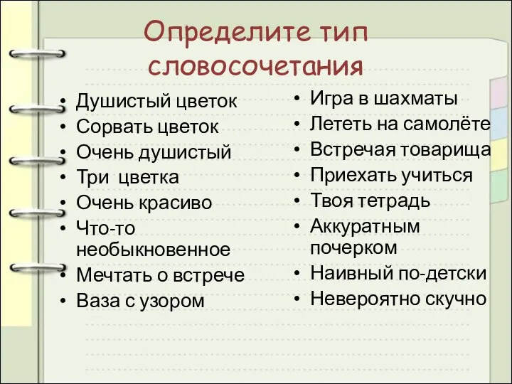 Определите тип словосочетания Душистый цветок Сорвать цветок Очень душистый Три цветка Очень