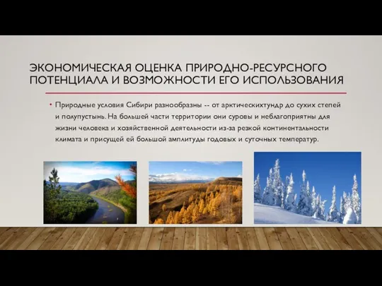 ЭКОНОМИЧЕСКАЯ ОЦЕНКА ПРИРОДНО-РЕСУРСНОГО ПОТЕНЦИАЛА И ВОЗМОЖНОСТИ ЕГО ИСПОЛЬЗОВАНИЯ Природные условия Сибири разнообразны