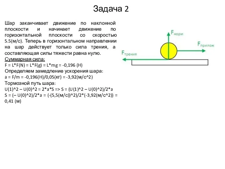 Задача 2 Шар заканчивает движение по наклонной плоскости и начинает движение по