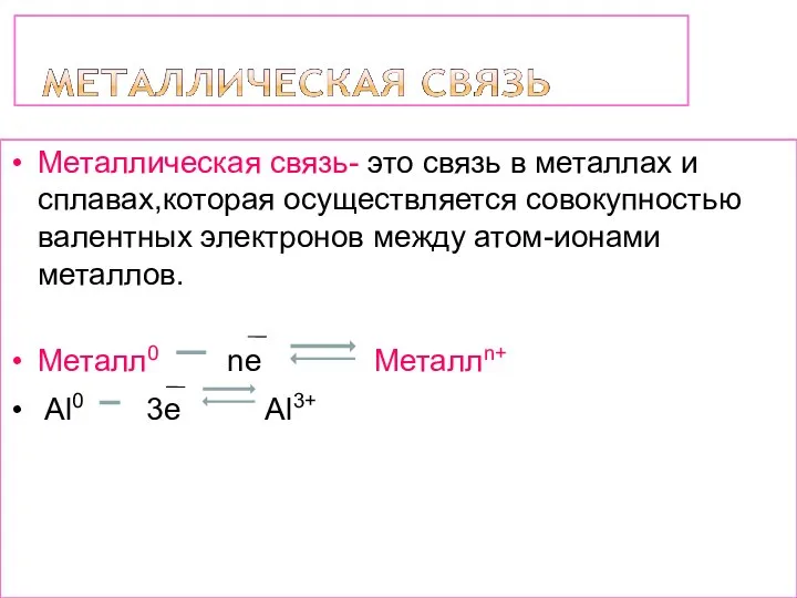 Металлическая связь- это связь в металлах и сплавах,которая осуществляется совокупностью валентных электронов