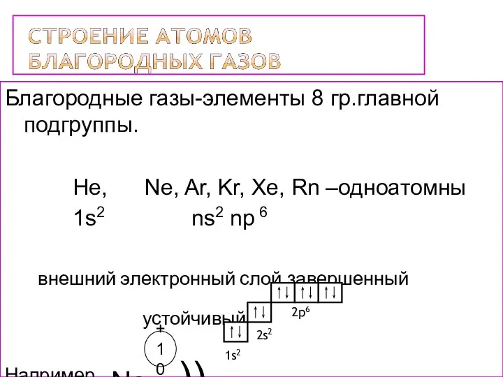 Благородные газы-элементы 8 гр.главной подгруппы. He, Ne, Ar, Kr, Xe, Rn –одноатомны