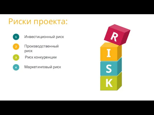 Риски проекта: Инвестиционный риск 1 2 3 Производственный риск Риск конкуренции 4