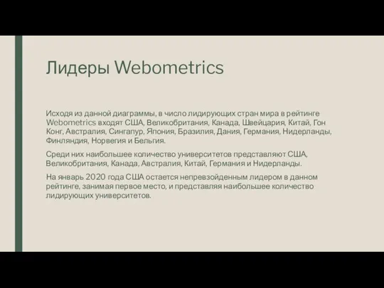 Лидеры Webometrics Исходя из данной диаграммы, в число лидирующих стран мира в