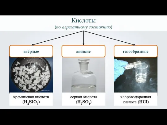 Кислоты (по агрегатному состоянию) твёрдые кремниевая кислота (H2SiO3) Майя Пчёлка жидкие серная