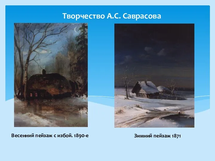 Творчество А.С. Саврасова Весенний пейзаж с избой. 1890-е Зимний пейзаж 1871