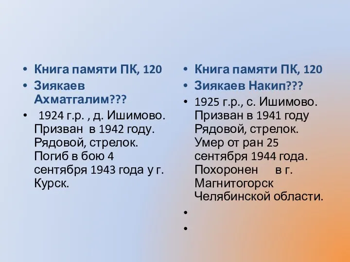 Книга памяти ПК, 120 Зиякаев Ахматгалим??? 1924 г.р. , д. Ишимово. Призван