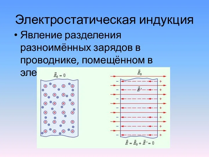 Электростатическая индукция Явление разделения разноимённых зарядов в проводнике, помещённом в электрическое поле