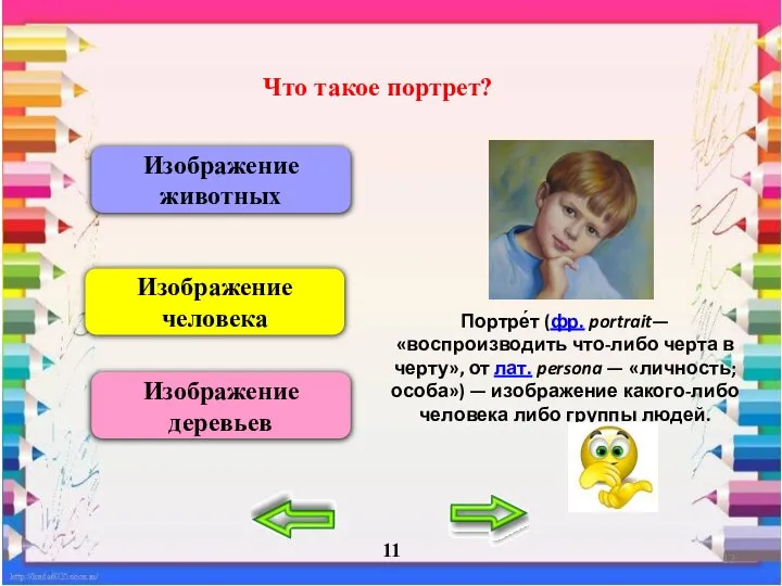 Что такое портрет? Изображение животных Изображение человека Изображение деревьев Портре́т (фр. portrait—