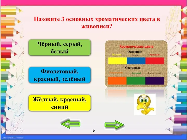 Назовите 3 основных хроматических цвета в живописи? Чёрный, серый, белый Фиолетовый, красный,