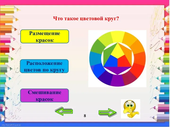 Что такое цветовой круг? Расположение цветов по кругу Смешивание красок Размещение красок 8