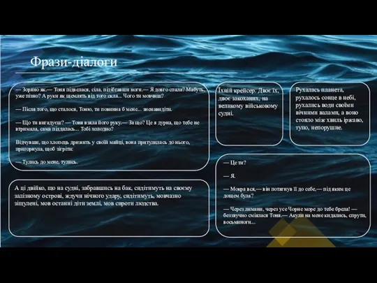 Фрази-діалоги — Зоряно як.— Тоня підвелася, сіла, підібгавши ноги.— Я довго спала?