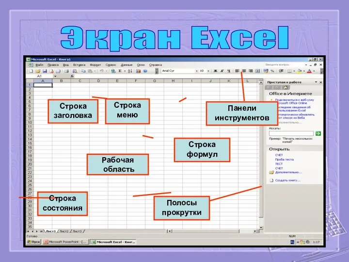 Экран Excel Строка заголовка Строка меню Панели инструментов Строка формул Рабочая область Полосы прокрутки Строка состояния