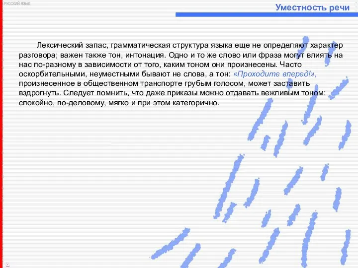 Уместность речи Лексический запас, грамматическая структура языка еще не определяют характер разговора;