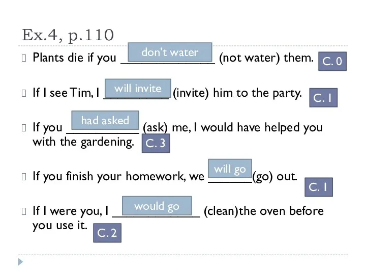 Ex.4, p.110 Plants die if you _____________ (not water) them. If I