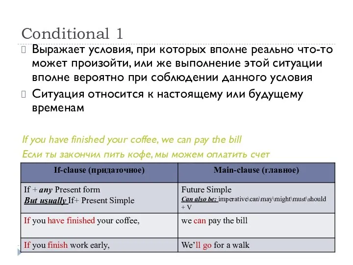 Conditional 1 Выражает условия, при которых вполне реально что-то может произойти, или