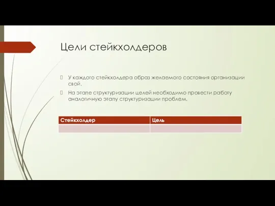 Цели стейкхолдеров У каждого стейкхолдера образ желаемого состояния организации свой. На этапе