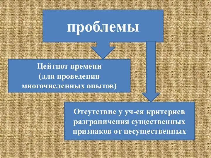 проблемы Цейтнот времени (для проведения многочисленных опытов) Отсутствие у уч-ся критериев разграничения существенных признаков от несущественных