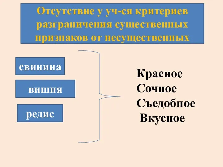 Отсутствие у уч-ся критериев разграничения существенных признаков от несущественных свинина вишня редис Красное Сочное Съедобное Вкусное