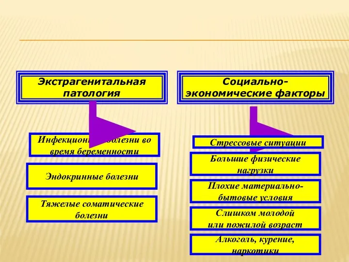 Экстрагенитальная патология Инфекционные болезни во время беременности Эндокринные болезни Тяжелые соматические болезни