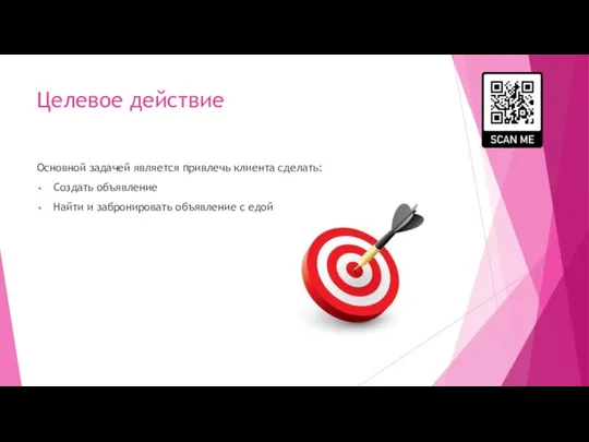 Целевое действие Основной задачей является привлечь клиента сделать: Создать объявление Найти и забронировать объявление с едой