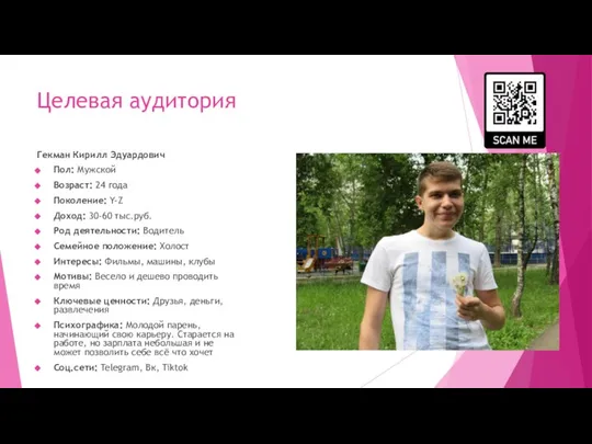 Целевая аудитория Гекман Кирилл Эдуардович Пол: Мужской Возраст: 24 года Поколение: Y-Z