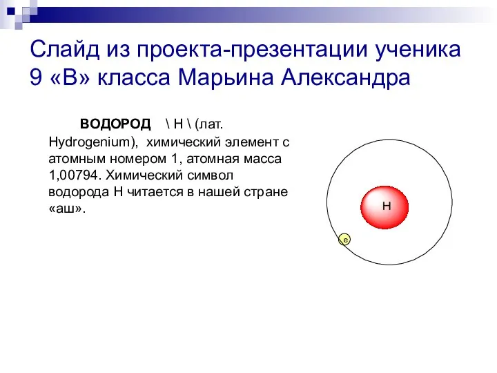 Слайд из проекта-презентации ученика 9 «В» класса Марьина Александра ВОДОРОД \ H