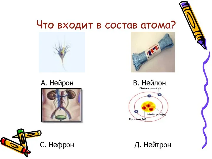 Что входит в состав атома? А. Нейрон В. Нейлон С. Нефрон Д. Нейтрон