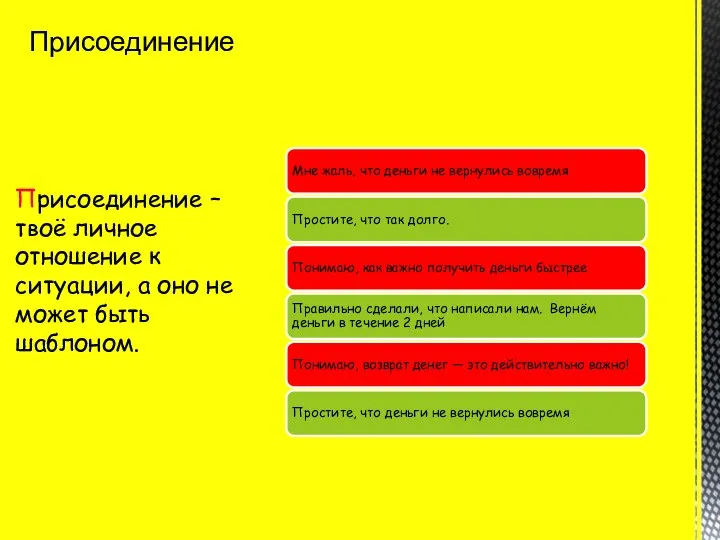 Присоединение – твоё личное отношение к ситуации, а оно не может быть шаблоном. Присоединение