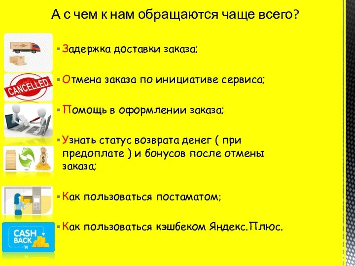 Задержка доставки заказа; Отмена заказа по инициативе сервиса; Помощь в оформлении заказа;