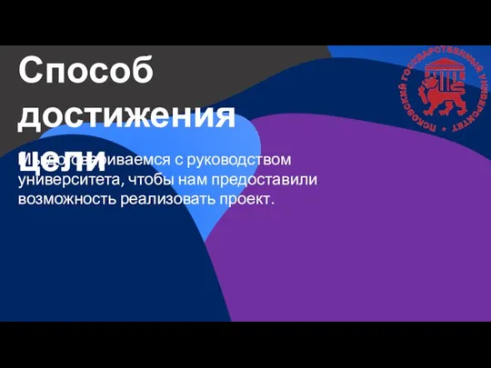 Способ достижения цели Мы договариваемся с руководством университета, чтобы нам предоставили возможность реализовать проект.