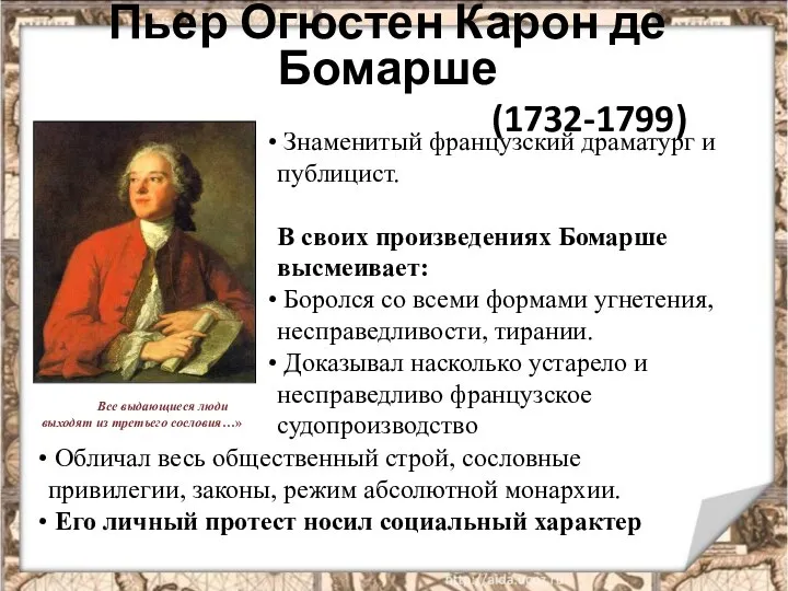 Пьер Огюстен Карон де Бомарше (1732-1799) Знаменитый французский драматург и публицист. В