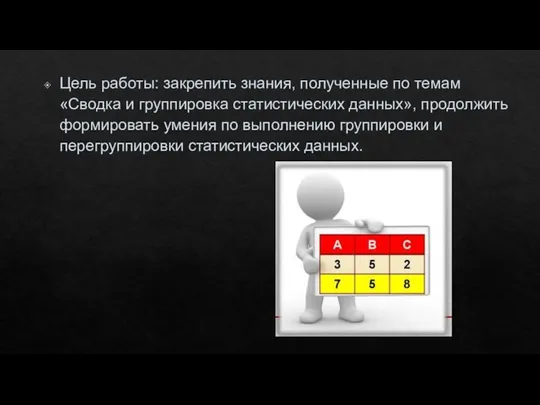 Цель работы: закрепить знания, полученные по темам «Сводка и группировка статистических данных»,