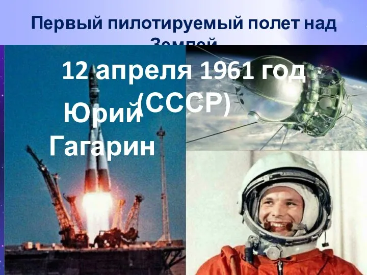 Первый пилотируемый полет над Землей 12 апреля 1961 год (СССР) Юрий Гагарин