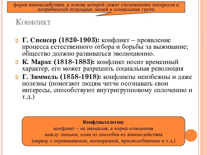 Конфликт Г. Спенсер (1820-1903): конфликт – проявление процесса естественного отбора и борьбы