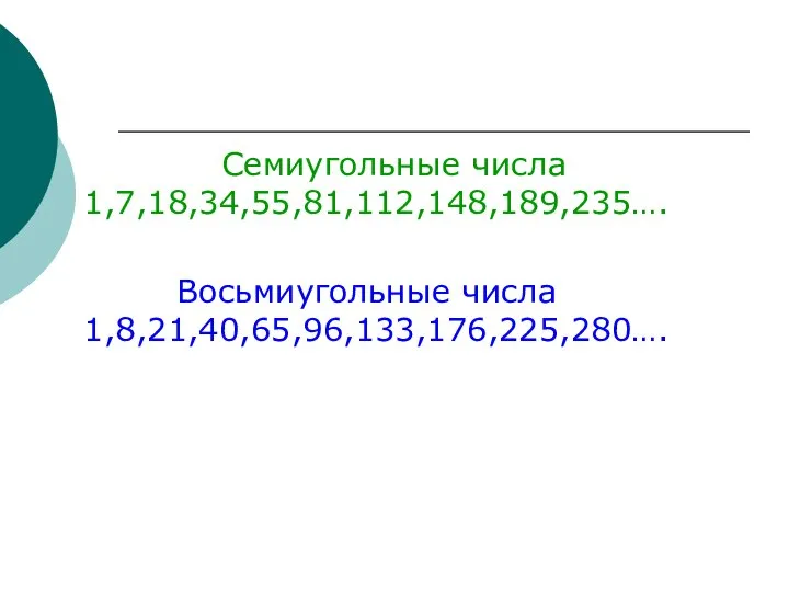 Семиугольные числа 1,7,18,34,55,81,112,148,189,235…. Восьмиугольные числа 1,8,21,40,65,96,133,176,225,280….