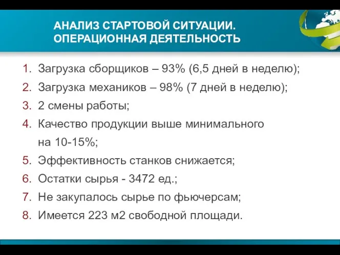 АНАЛИЗ СТАРТОВОЙ СИТУАЦИИ. ОПЕРАЦИОННАЯ ДЕЯТЕЛЬНОСТЬ Загрузка сборщиков – 93% (6,5 дней в