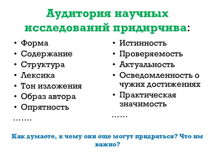 Аудитория научных исследований придирчива: Форма Содержание Структура Лексика Тон изложения Образ автора