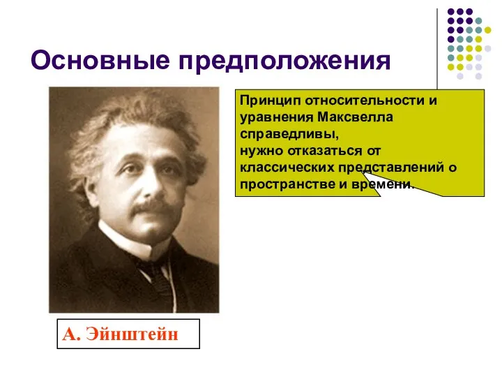 Основные предположения А. Эйнштейн Принцип относительности и уравнения Максвелла справедливы, нужно отказаться