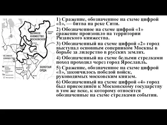 1) Сражение, обозначенное на схеме цифрой «1», — битва на реке Сити.