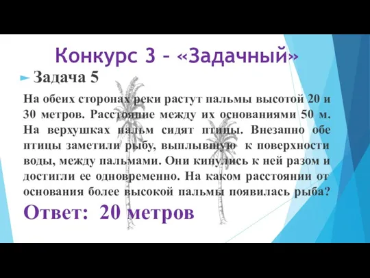 Конкурс 3 – «Задачный» Задача 5 На обеих сторонах реки растут пальмы