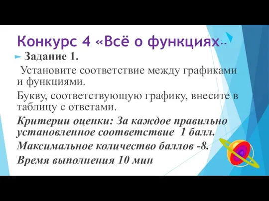 Конкурс 4 «Всё о функциях» Задание 1. Установите соответствие между графиками и