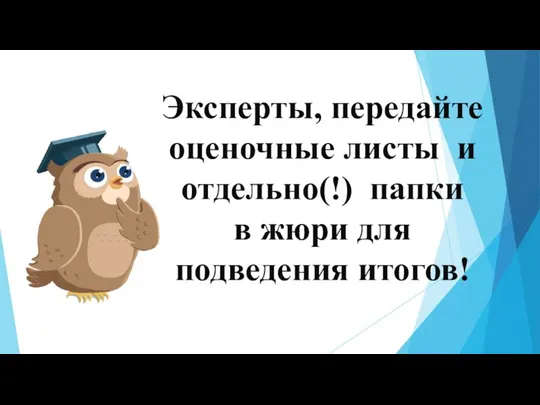 Эксперты, передайте оценочные листы и отдельно(!) папки в жюри для подведения итогов!