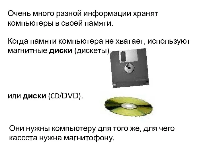 Очень много разной информации хранят компьютеры в своей памяти. или диски (CD/DVD).