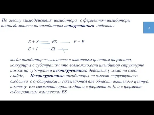 По месту взимодействия ингибитора с ферментом ингибиторы подразделяются на ингибиторы конкурентного действия