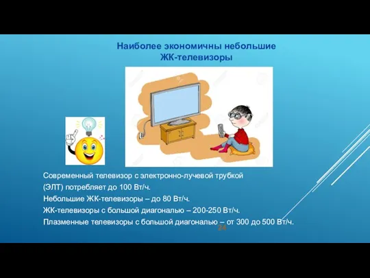Современный телевизор с электронно-лучевой трубкой (ЭЛТ) потребляет до 100 Вт/ч. Небольшие ЖК-телевизоры