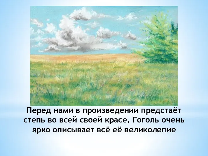 Перед нами в произведении предстаёт степь во всей своей красе. Гоголь очень