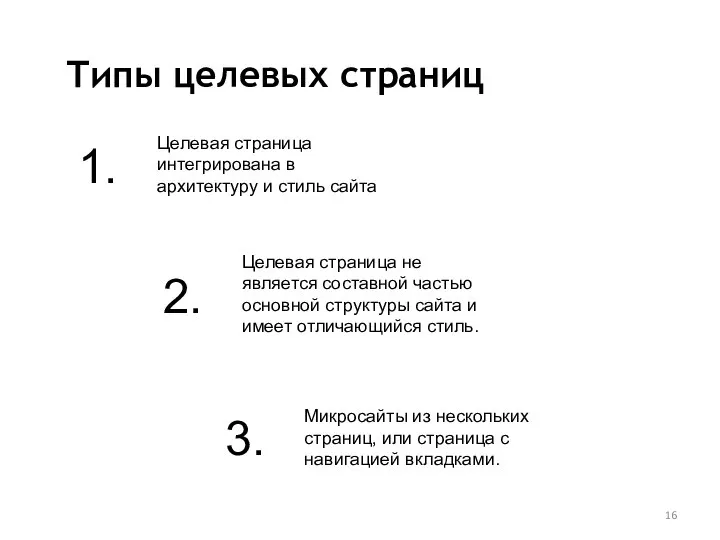 Типы целевых страниц Целевая страница интегрирована в архитектуру и стиль сайта Целевая