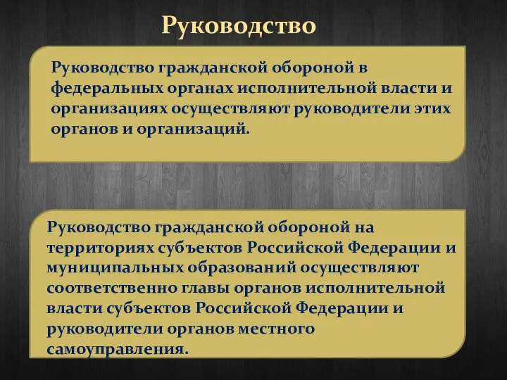 Руководство Руководство гражданской обороной в федеральных органах исполнительной власти и организациях осуществляют