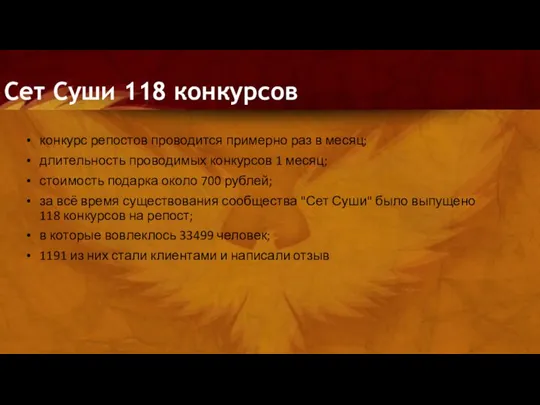 Сет Суши 118 конкурсов конкурс репостов проводится примерно раз в месяц; длительность